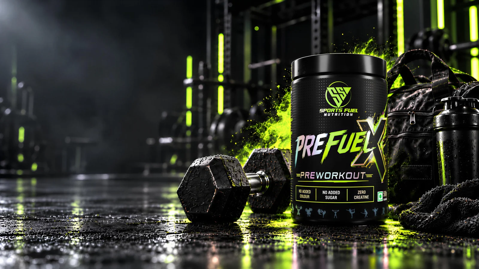 Sports Fuel PRE FUEL X pre-workout tub with gym equipment